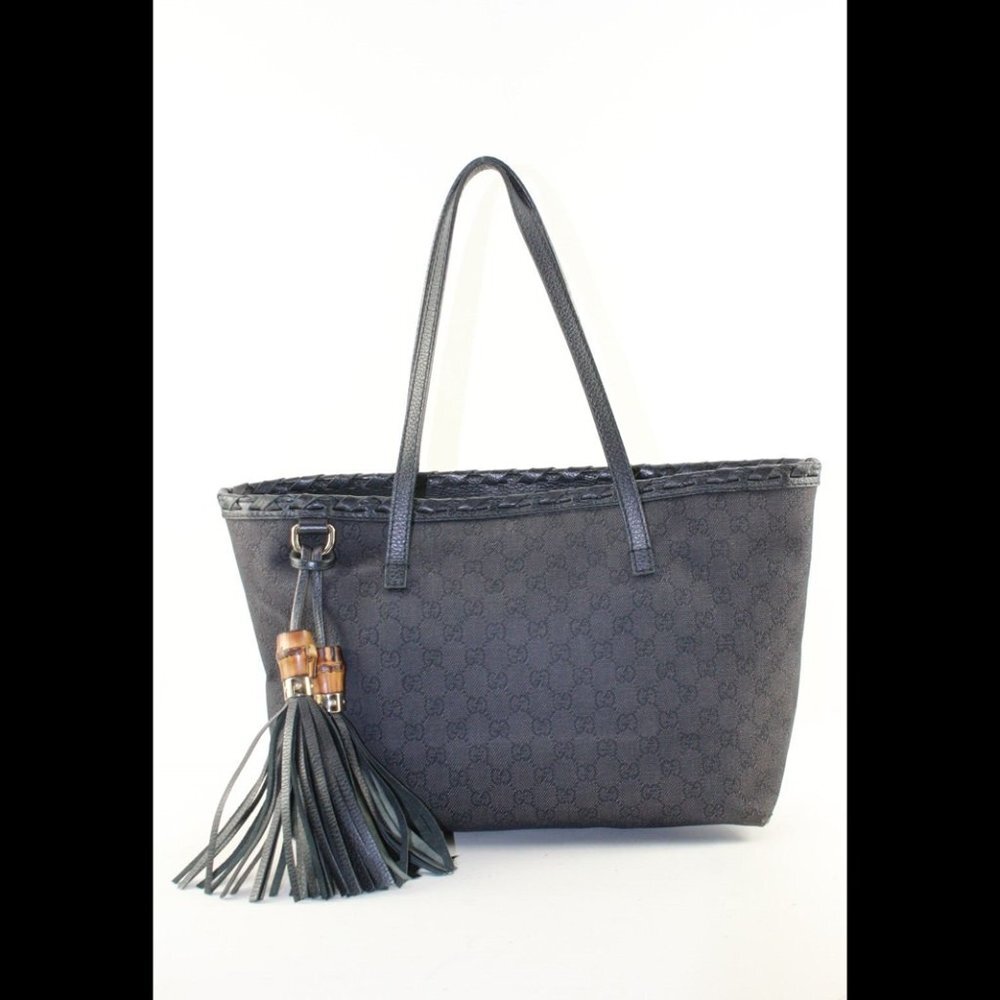 Gucci Black Monogram Denim Bamboo Fringe Tassel Tote 2GK1214K